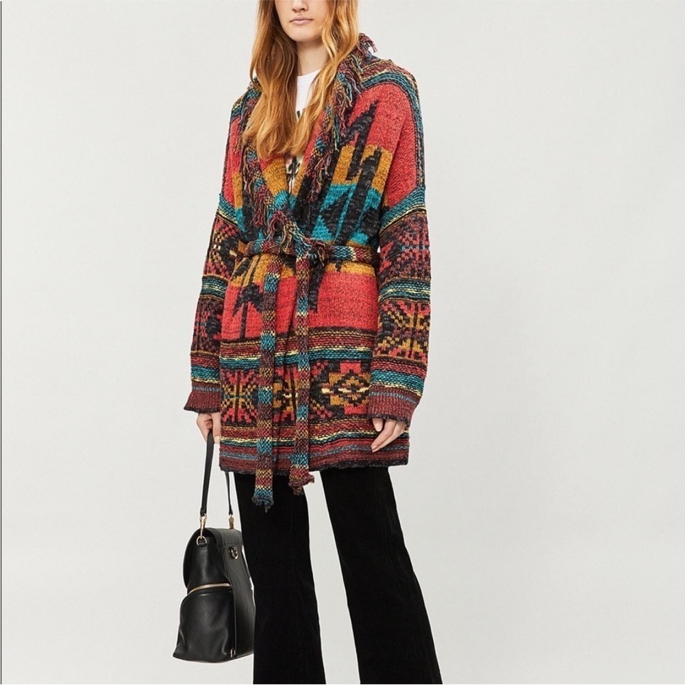 Free People Southwestern Cardigan Duster Jacket Fringe Aztec Size Medium large - Picture 12 of 15